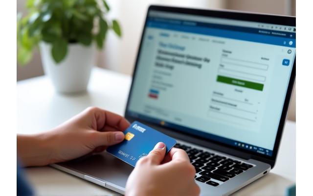 Rankos, laikančios banko kortelę prie nešiojamojo kompiuterio, kuriame matomas automatinio mokėjimo nustatymo puslapis.
