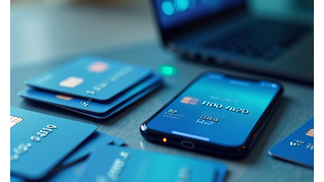 Įvairios mokėjimo kortelės ir mobilus telefonas su mokėjimo programėle, simbolizuojančios lanksčius išmokėjimo būdus