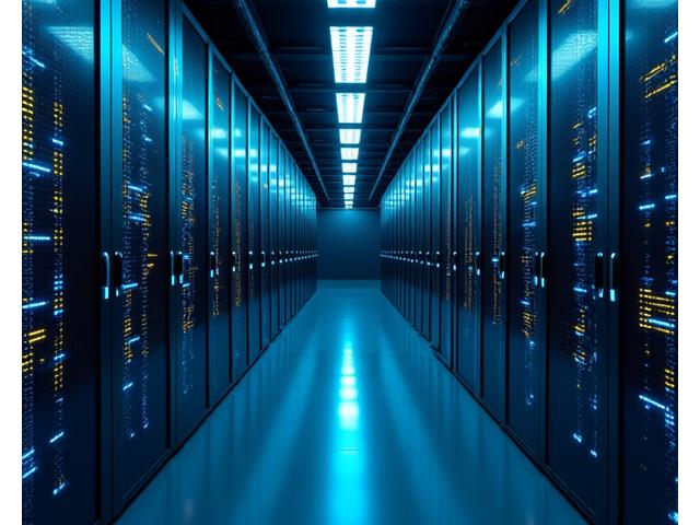 Modernus duomenų centras su šviečiančiais serveriais, simbolizuojantis fintech infrastruktūrą