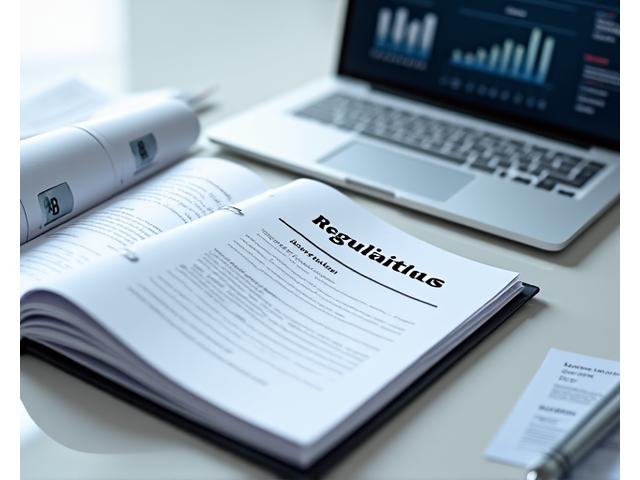 Minimalistinis stalas su dideliu teisinių dokumentų pluoštu ir kompiuteriu, rodančiu finansinių duomenų grafikus. Šviesi, moderni biuro aplinka.