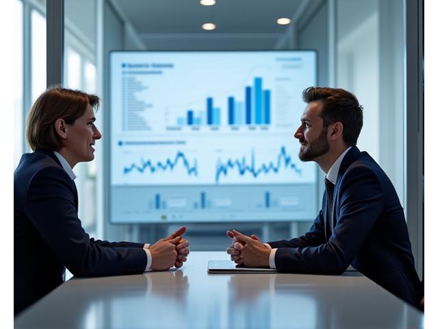 Profesionalus finansų konsultantas bendrauja su klientu moderniame biure, ant stalo matosi planšetinis kompiuteris su finansiniais grafikais.