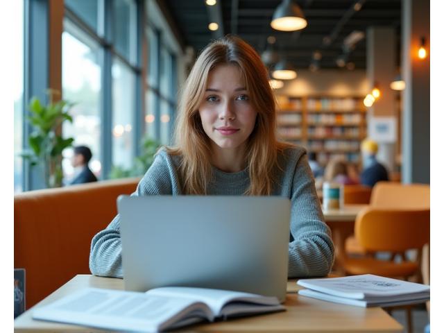 Jaunas studentas su nešiojamuoju kompiuteriu modernioje bibliotekoje, apsuptas mokslo reikmenų, simbolizuojantis studentų finansavimo galimybes.