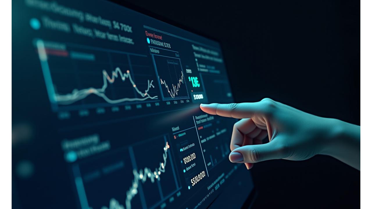 Interaktyvus finansinio prietaisų skydelio ekranas, rodantis realaus laiko duomenis, optimizavimo galimybes ir pranešimus apie geresnes paskolos sąlygas