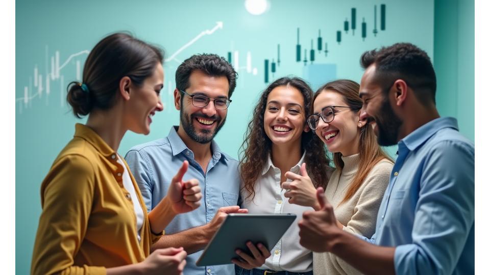 Laimingi, įvairaus amžiaus žmonės, švenčiantys finansinę sėkmę, vaizdas su pinigų augimo diagramomis fone